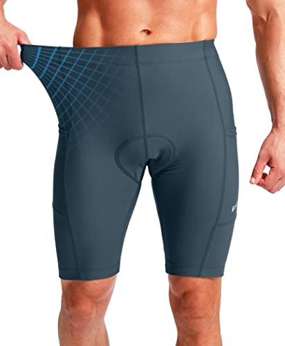 Bikewa شورتات دراجة للرجال مع وسادة 3D للدراجات الهوائية على الطرقات وركوب الجبال مع جيوب بسحاب (أزرق رمادي، M) - Image 3