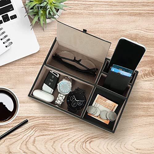 BAGILO Men And Women Leather Valet Tray|Dresser Organizer 5 Slot Jwellery Accessories Box For Watches, Sunglasses, Wallet, Cell Phone Key And Jewellery (Brown) - Image 3