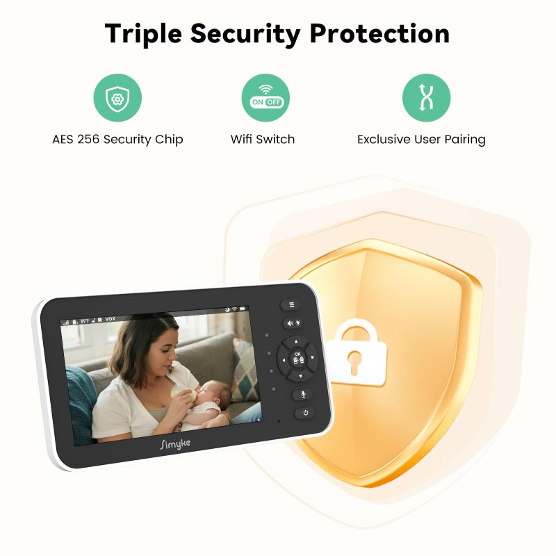 Simyke Video Baby Monitor with Camera and Audio,5'' Screen,720P,No Wifi or Free App Mode,Pan-Tilt-Zoom,Lullabies,Feeding Remind,Night Vision,VOX/ECO,2-Way Talk,1500ft Long Range,Easy Setup,30H Battery - Image 4