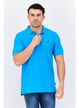 Men Slim Fit Short Sleeves Brand Logo Polo Shirts, Turquoise Blue