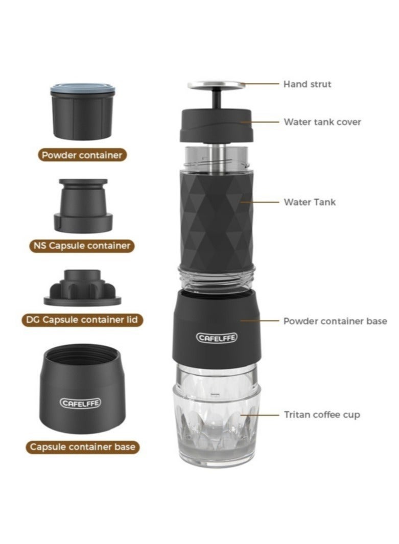 Cafelffe Portable Espresso Machine,3 in 1 Manual Coffee Maker Compatible Ground Coffee,NS Original Capsules & DG Capsule,Fast Manual Hot & Cold Brew, Small Handheld Brewer, Manual Espresso Maker For Camping, Business, Hiking, And Office (BLACK) - Image 5