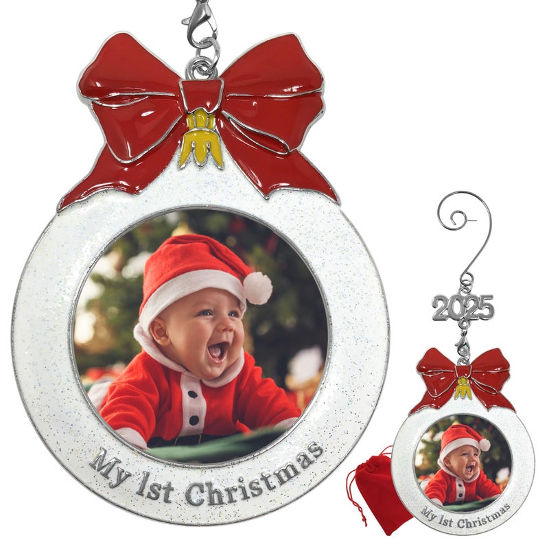 BANBERRY DESIGNS Babys 1st Christmas Photo Ornament with a 2025 Charm  Shaped Like a Bulb with White Glitter and A Red Bow Design  GiftStorage Bag Included  3 D
