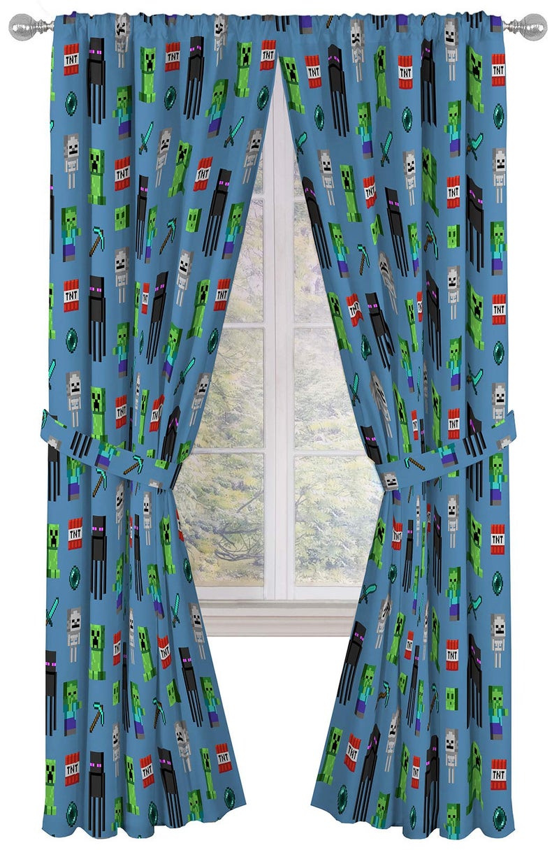 Jay Franco Kids Window Drapes - 4 Piece Curtain Set Includes 2 Tiebacks, Beautiful Bedding Room Décor and Easy Set Up, Blue - Minecraft, 84 Inch - Image 1