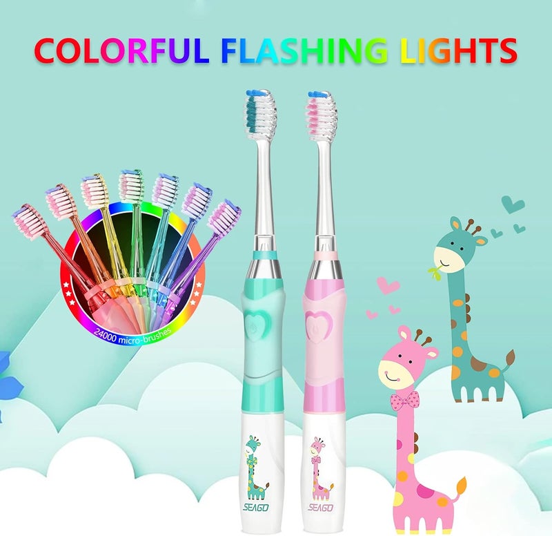Seago Kids Electric Toothbrush 35612 Toddler Childrens Toothbrushes with TimerColorful Rainbow LED Light and 4 Heads for Junior Boys Girls BatteryPowered Sonic Tooth Brush SG977 Green - Image 2