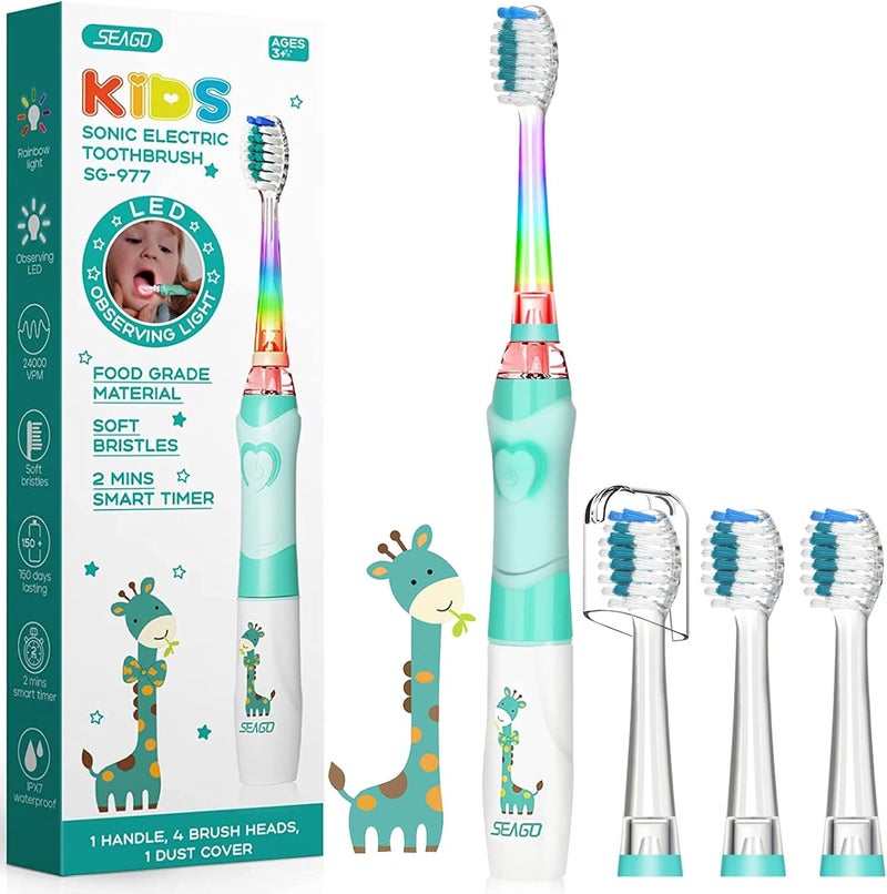 Seago Kids Electric Toothbrush 35612 Toddler Childrens Toothbrushes with TimerColorful Rainbow LED Light and 4 Heads for Junior Boys Girls BatteryPowered Sonic Tooth Brush SG977 Green - Image 1