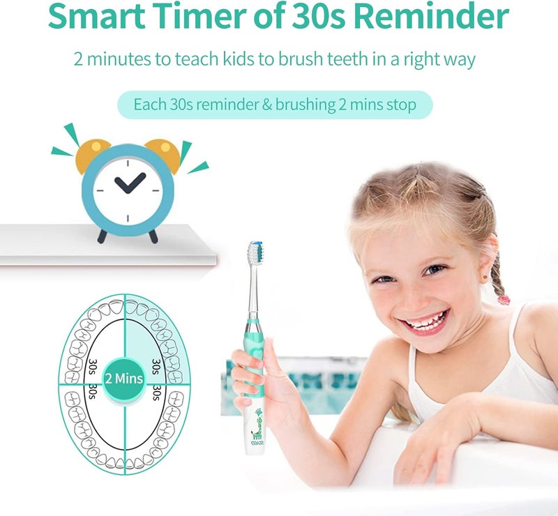 Seago Kids Electric Toothbrush 35612 Toddler Childrens Toothbrushes with TimerColorful Rainbow LED Light and 4 Heads for Junior Boys Girls BatteryPowered Sonic Tooth Brush SG977 Green - Image 4
