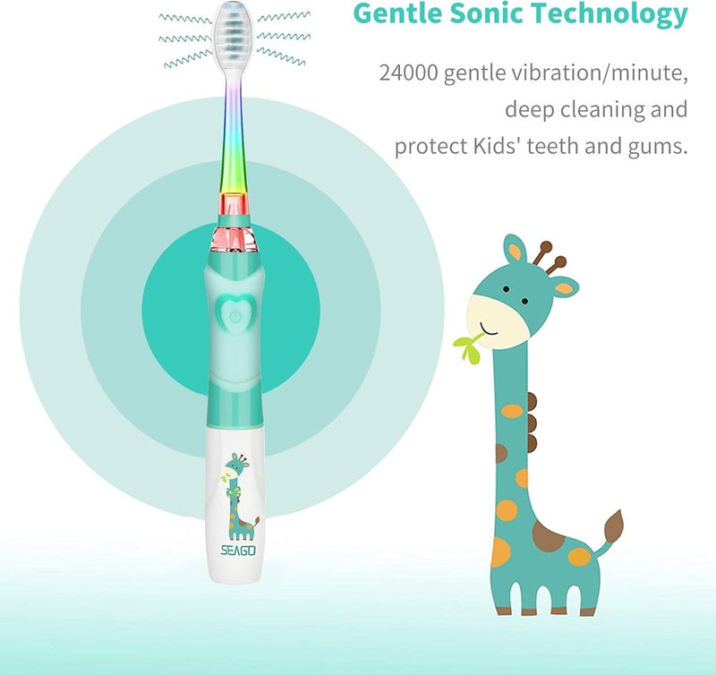 Seago Kids Electric Toothbrush 35612 Toddler Childrens Toothbrushes with TimerColorful Rainbow LED Light and 4 Heads for Junior Boys Girls BatteryPowered Sonic Tooth Brush SG977 Green - Image 5