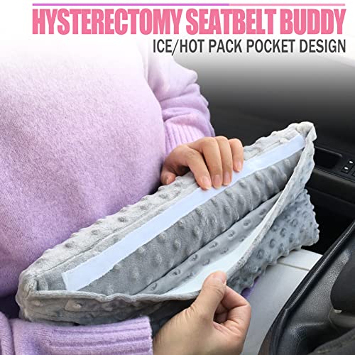 HapiPoppy Hysterectomy Seatbelt Pillow Post Abdominal Surgery Myomectomy Pillows with Pocket for Ice/Hot Packs Breast Reduction Belly Incision Tummy Tuck C-Section Recovery Patients Gifts Minky Dot Light Gray - Image 2