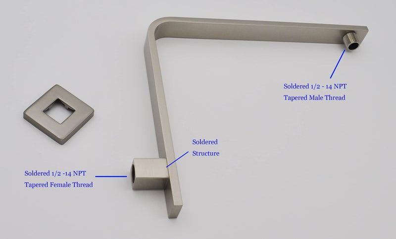 Aquaiaw High Rise Shower Arm and Flange, 10.5 inch, Solid Brass, Square, Gooseneck Raised Shower Head Arm, Wall Shower Riser, Both 1/2 NPT Tapered Threads Shower Extension Arm (PVD Brushed Nickel) - Image 5