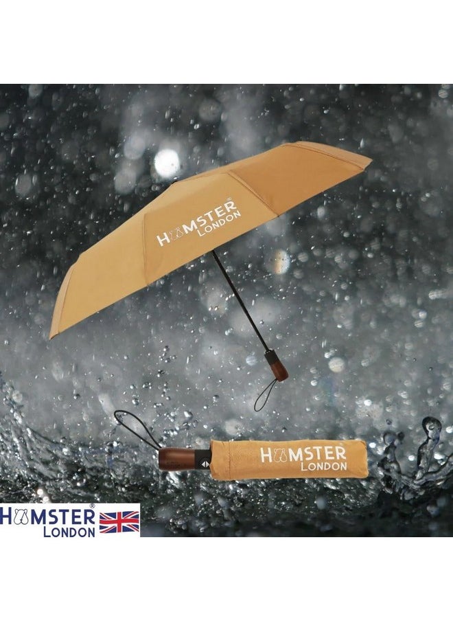 Hamster London HAMSTER LONDON Wooden Automatic Open & Close Pocket Folding Umbrella Umbrella for Women, Men, and Kids 3 Fold Portable Umbrellas for Rain Big Size Windproof Umbrella for Travel (Gold)  - Image 2