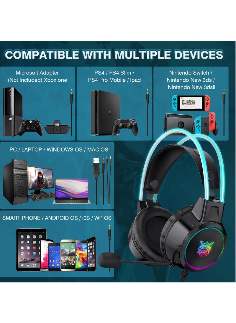 Generic - Virtual 7.1 Surround Sound Computer Earphone Sports Games Wired LED Gaming headphone with Microphone & Static RGB Backlight (Double Head Beam Design) - Image 1