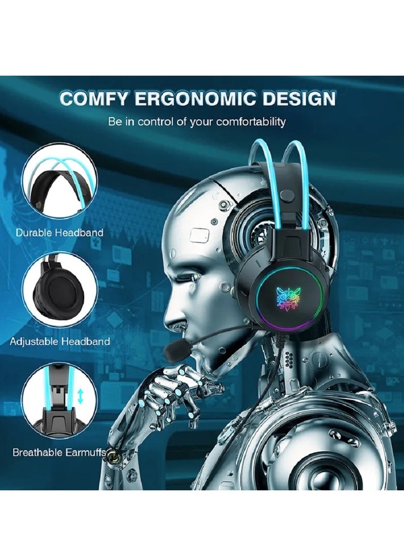 Generic - Virtual 7.1 Surround Sound Computer Earphone Sports Games Wired LED Gaming headphone with Microphone & Static RGB Backlight (Double Head Beam Design) - Image 1