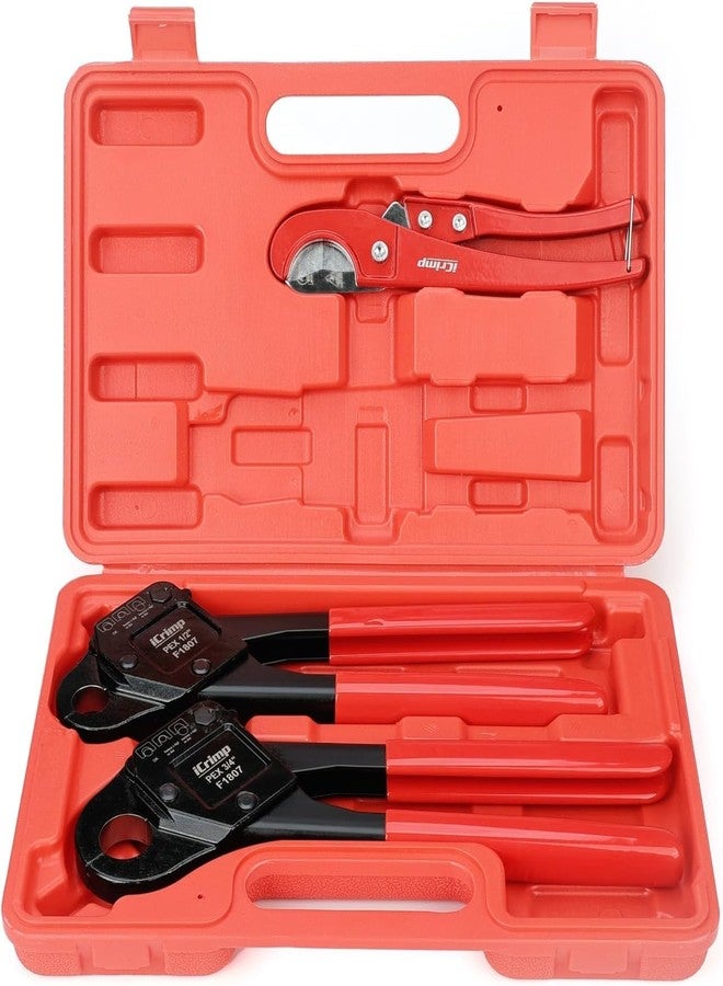 IWISS iCrimp Angle PEX Crimping Tool for 1/2-inch & 3/4-inch PEX Copper Crimp Rings and Barbed PEX Fitting, c/w PEX Tubing Cutter & Go/No-Go Gauge, Meets ASTM F1807 Standard PEX PlumbingTool - Image 1