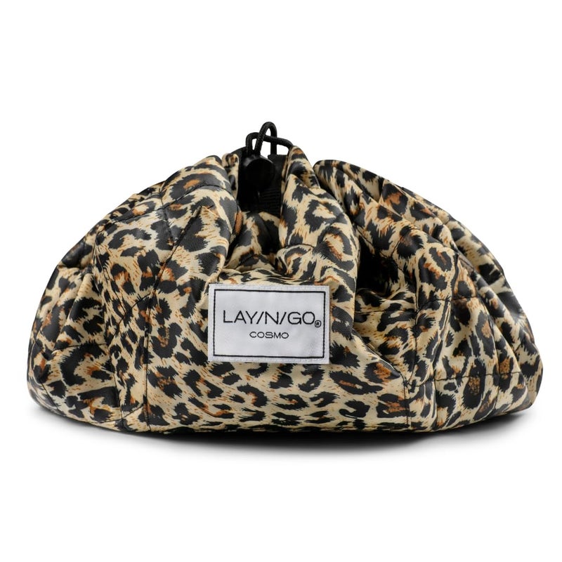 Lay-n-Go Cosmo Layflat Drawstring Cosmetic & Makeup Bag Organizer w/Zipper Pocket, Brush Loops & More, Cinch to Close, Lay Flat to Use, Durable, Machine Wash, Travel Toiletry Bag (20", Leopard) - Image 2