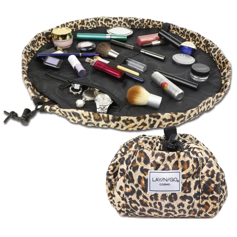 Lay-n-Go Cosmo Layflat Drawstring Cosmetic & Makeup Bag Organizer w/Zipper Pocket, Brush Loops & More, Cinch to Close, Lay Flat to Use, Durable, Machine Wash, Travel Toiletry Bag (20", Leopard) - Image 1