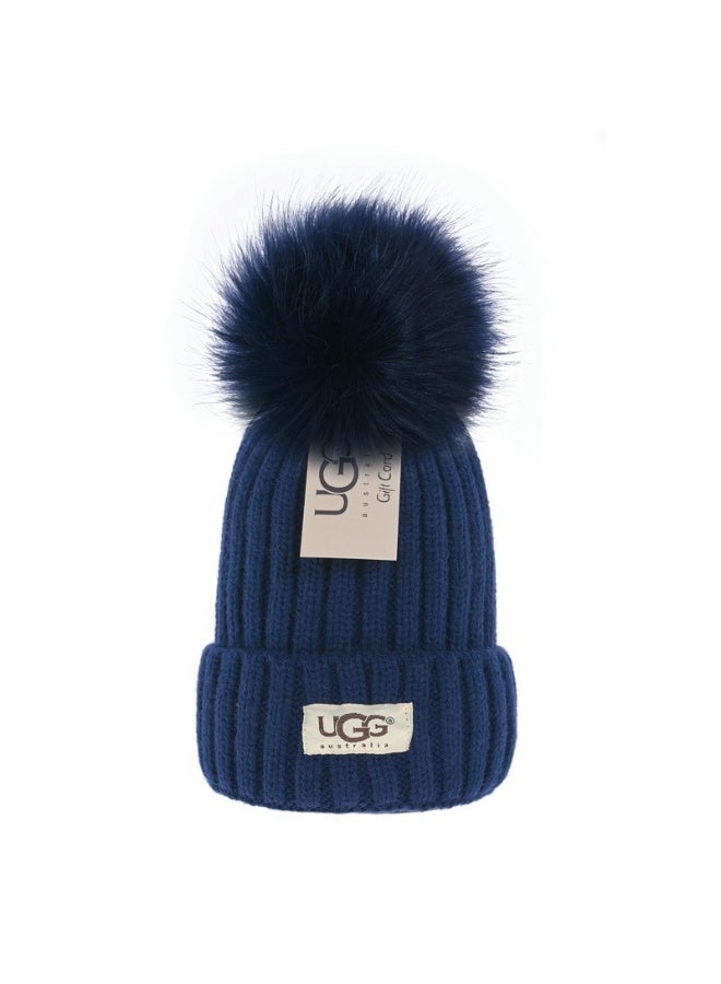 UGG Navy Ribbed Knit Beanie with Fluffy Pom-Pom - Cozy Winter Warm Cap for Daily Wear 596Size