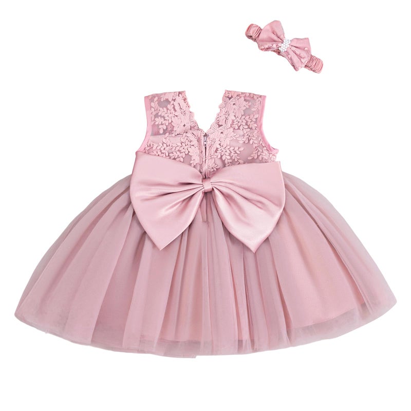 DPKM Lace Flower Baby Girl Dress with Big Bowknot Toddler Tulle Tutu for Formal Birthday Party - Image 1