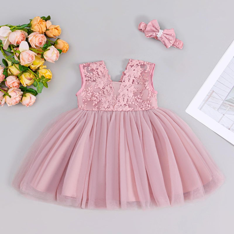 DPKM Lace Flower Baby Girl Dress with Big Bowknot Toddler Tulle Tutu for Formal Birthday Party - Image 4