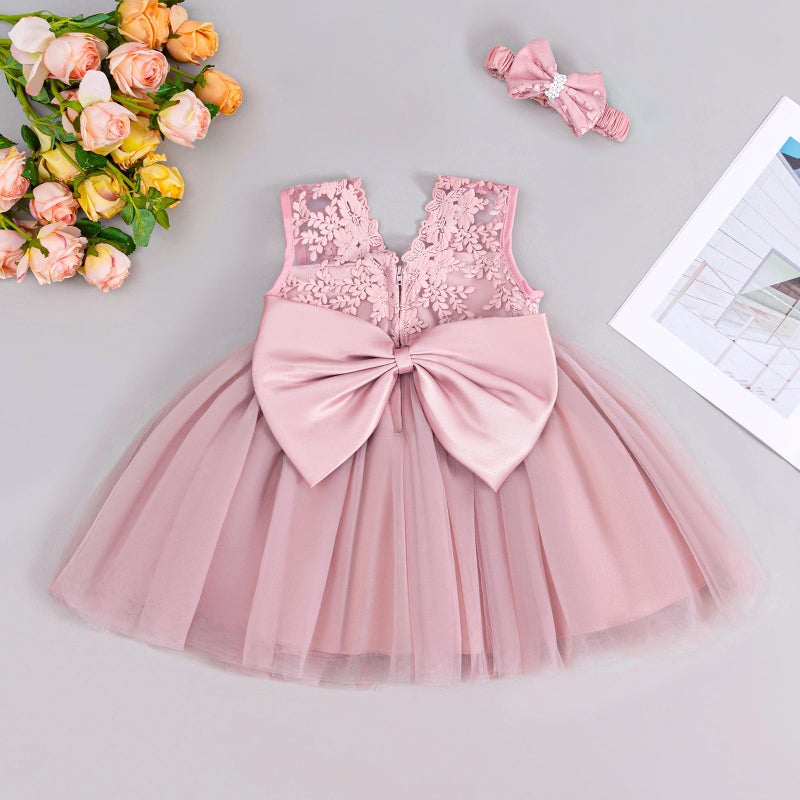 DPKM Lace Flower Baby Girl Dress with Big Bowknot Toddler Tulle Tutu for Formal Birthday Party - Image 3