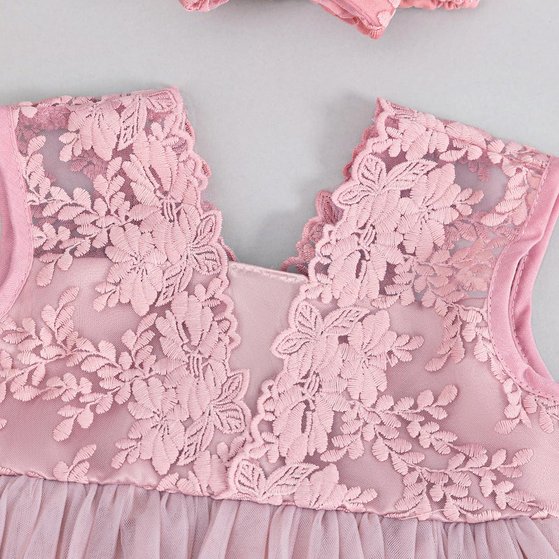 DPKM Lace Flower Baby Girl Dress with Big Bowknot Toddler Tulle Tutu for Formal Birthday Party - Image 5