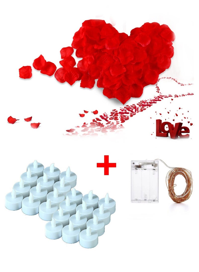 مجموعة عروض الزواج/الذكرى السنوية - سلسلة أضواء خيالية بطول 5 أمتار و50 مصباحًا ليدًا + 24 شمعة محاكاة + 1000 بتلة ورد، مجموعة ديكور رومانسية لعرض الزواج، الزفاف، أعياد الميلاد، عيد الحب - Image 1