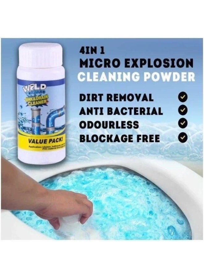 Drain unclogging solution, a powder with a specialized formula to effectively and quickly unclog all types of drain and sewer pipes.