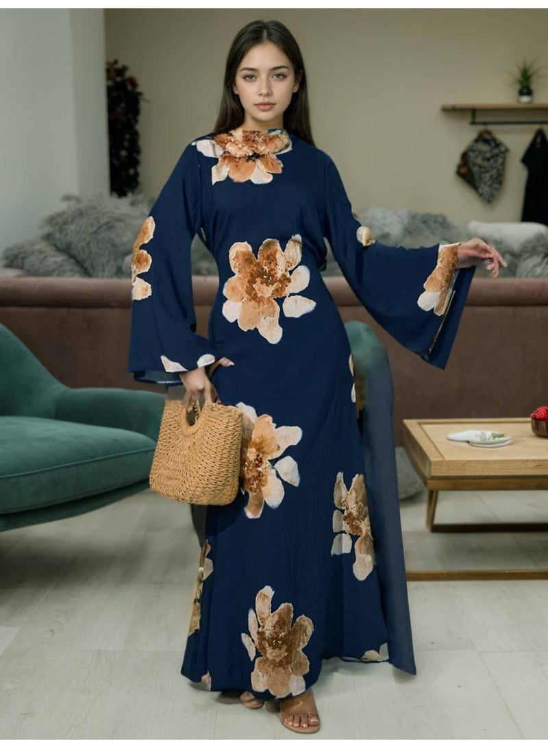 Women Floral Printed Round Neck Abaya Dress Flared Sleeve Tie Waist Loose Maxi Dress - Image 2