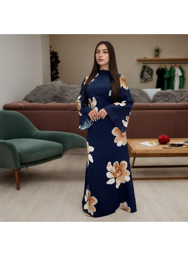 Women Floral Printed Round Neck Abaya Dress Flared Sleeve Tie Waist Loose Maxi Dress - Image 1