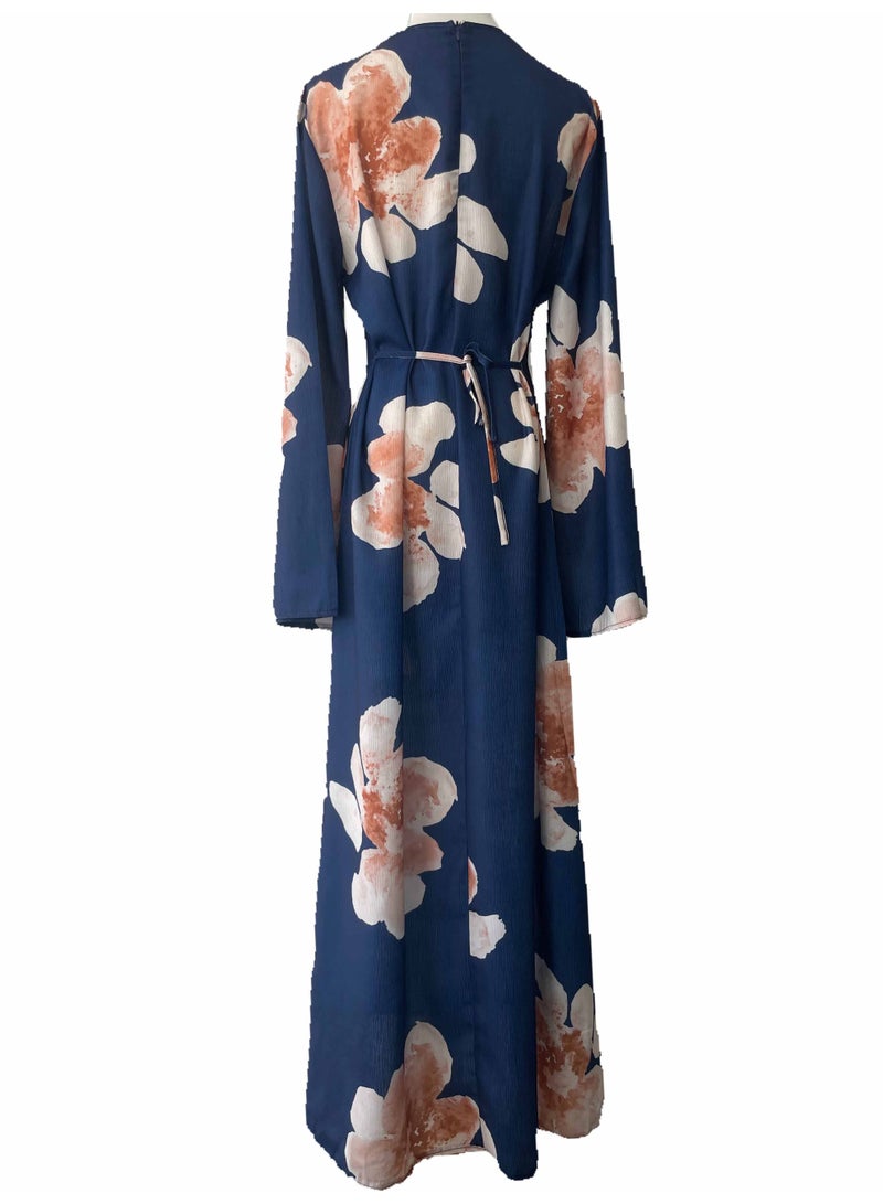 Women Floral Printed Round Neck Abaya Dress Flared Sleeve Tie Waist Loose Maxi Dress - Image 3