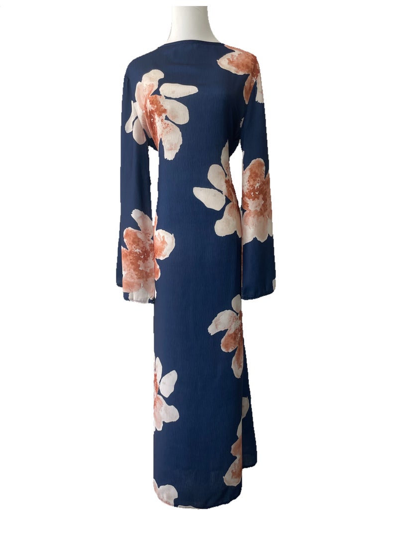 Women Floral Printed Round Neck Abaya Dress Flared Sleeve Tie Waist Loose Maxi Dress - Image 4