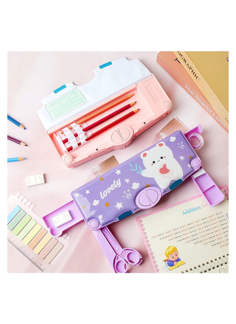 SYOSI - Pencil Case, 2 Pieces Multifunctional Pencil Box for Kids, Pencil Box with Buttons Cartoon Pattern, Stationary Set with Compartments, Scissors and Pencil Sharpener - Image 1