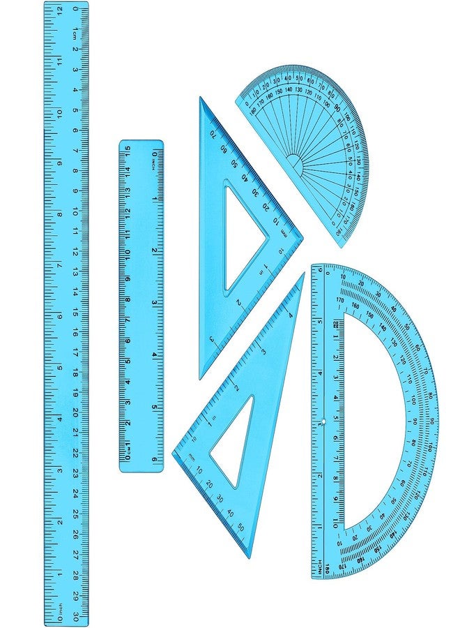 Tenare 1 Set Plastic Clear Math Set Includes Protractor Triangle Rulers 12 Inch 6 Inch Straight Geometry Math Transparent Ruler Measuring Tool for School Office Home Supplies(Blue) - Image 1