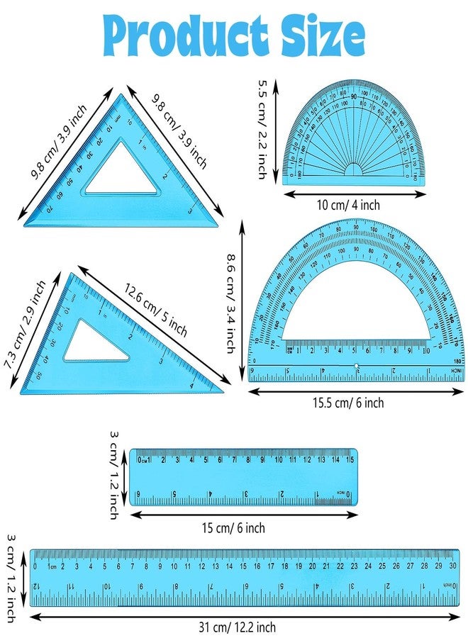 Tenare 1 Set Plastic Clear Math Set Includes Protractor Triangle Rulers 12 Inch 6 Inch Straight Geometry Math Transparent Ruler Measuring Tool for School Office Home Supplies(Blue) - Image 2