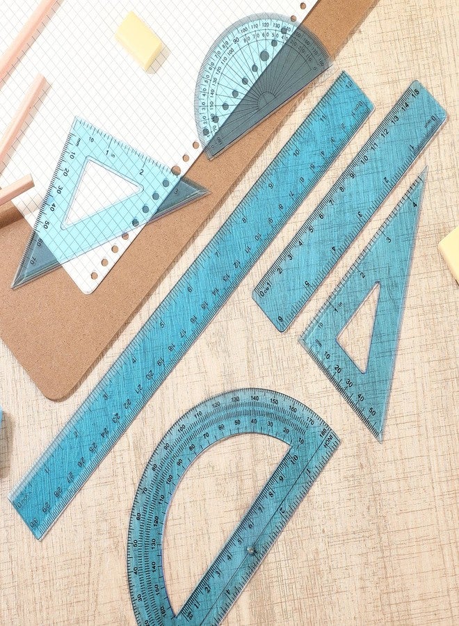 Tenare 1 Set Plastic Clear Math Set Includes Protractor Triangle Rulers 12 Inch 6 Inch Straight Geometry Math Transparent Ruler Measuring Tool for School Office Home Supplies(Blue) - Image 5