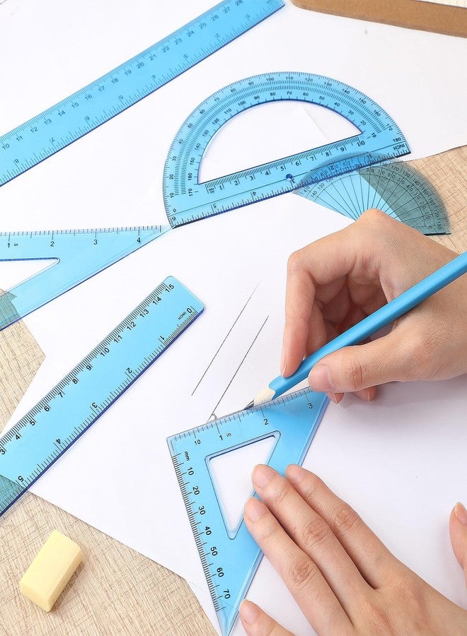 Tenare 1 Set Plastic Clear Math Set Includes Protractor Triangle Rulers 12 Inch 6 Inch Straight Geometry Math Transparent Ruler Measuring Tool for School Office Home Supplies(Blue) - Image 3