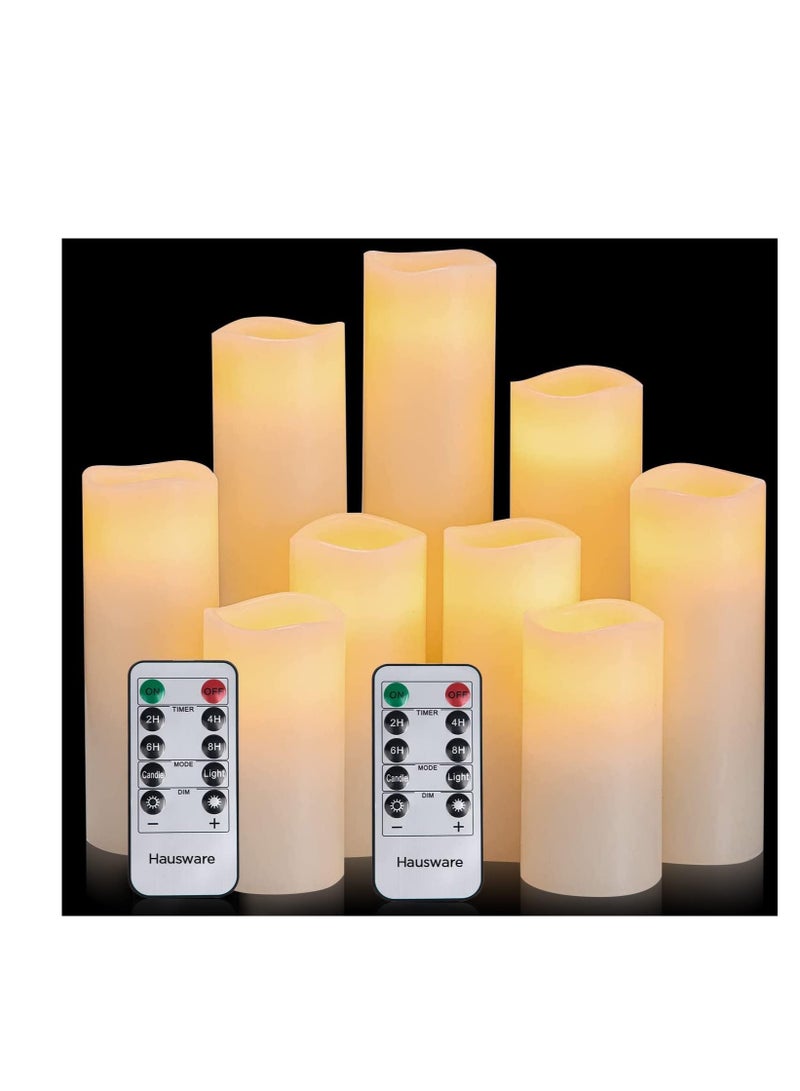 Hausware Flameless Candles Battery Operated Candles H 4" 5" 6" 7" 8" 9" Real Wax Pillar Flickering Candles LED Flameless Candles with Remote and Timer Control Set of 9 (Ivory Color)  - Image 1