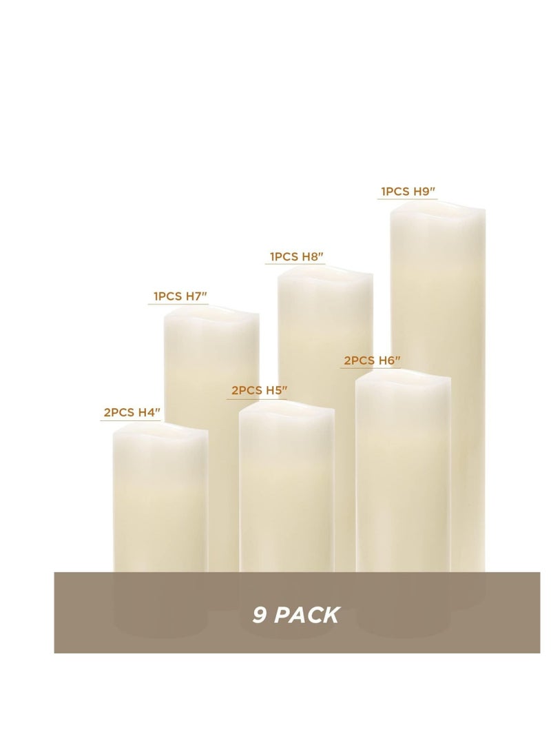 Hausware Flameless Candles Battery Operated Candles H 4" 5" 6" 7" 8" 9" Real Wax Pillar Flickering Candles LED Flameless Candles with Remote and Timer Control Set of 9 (Ivory Color)  - Image 2