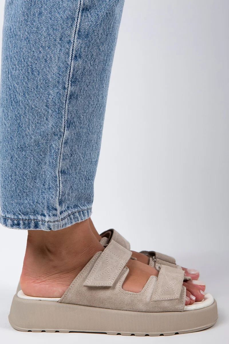 Manijero Manijero Farah Women's Genuine Leather Double Velcro Beige Suede Slippers