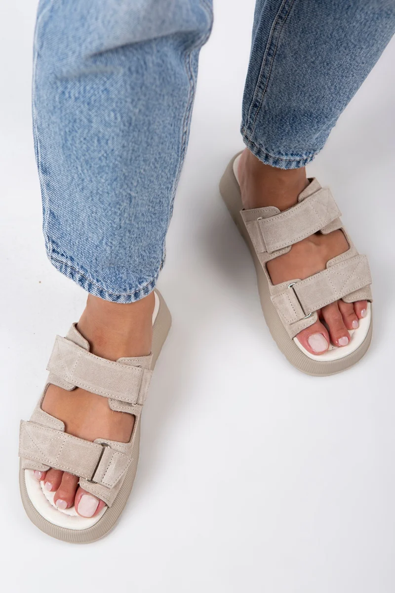 Manijero Manijero Farah Women's Genuine Leather Double Velcro Beige Suede Slippers