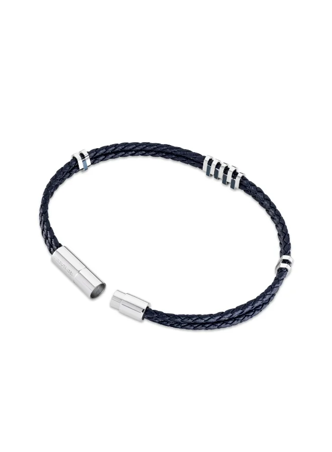 Cords Silver Stainless Steel and Navy Blue Leather Strap Bracelet for Men