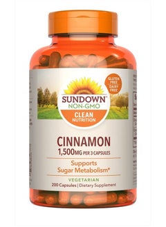 Sundown كبسولات القرفة، تدعم عملية التمثيل الغذائي للسكر، خالية من الكائنات المعدلة وراثيًا، خالية من الغلوتين ومنتجات الألبان، 200 كبسولة  - Image 1