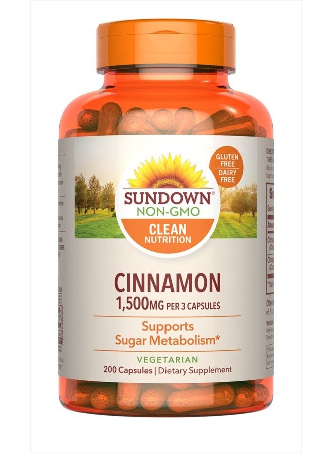 Sundown Cinnamon Capsules, Supports Sugar Metabolism, Non-GMO, Gluten-Free, Dairy-Free, 200 Ct  - Image 1