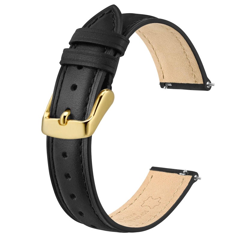 BISONSTRAP Elegant Leather Watch Straps, Quick Release, Watch Bands for Women and Men, 14mm, Black (Gold Buckle) - Image 1