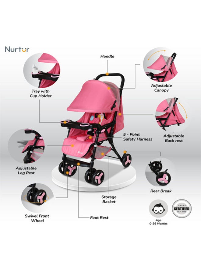 Nurtur - Ryder Lightweight Baby Stroller With Storage Basket, Detachable Food Tray - Pink - Image 1