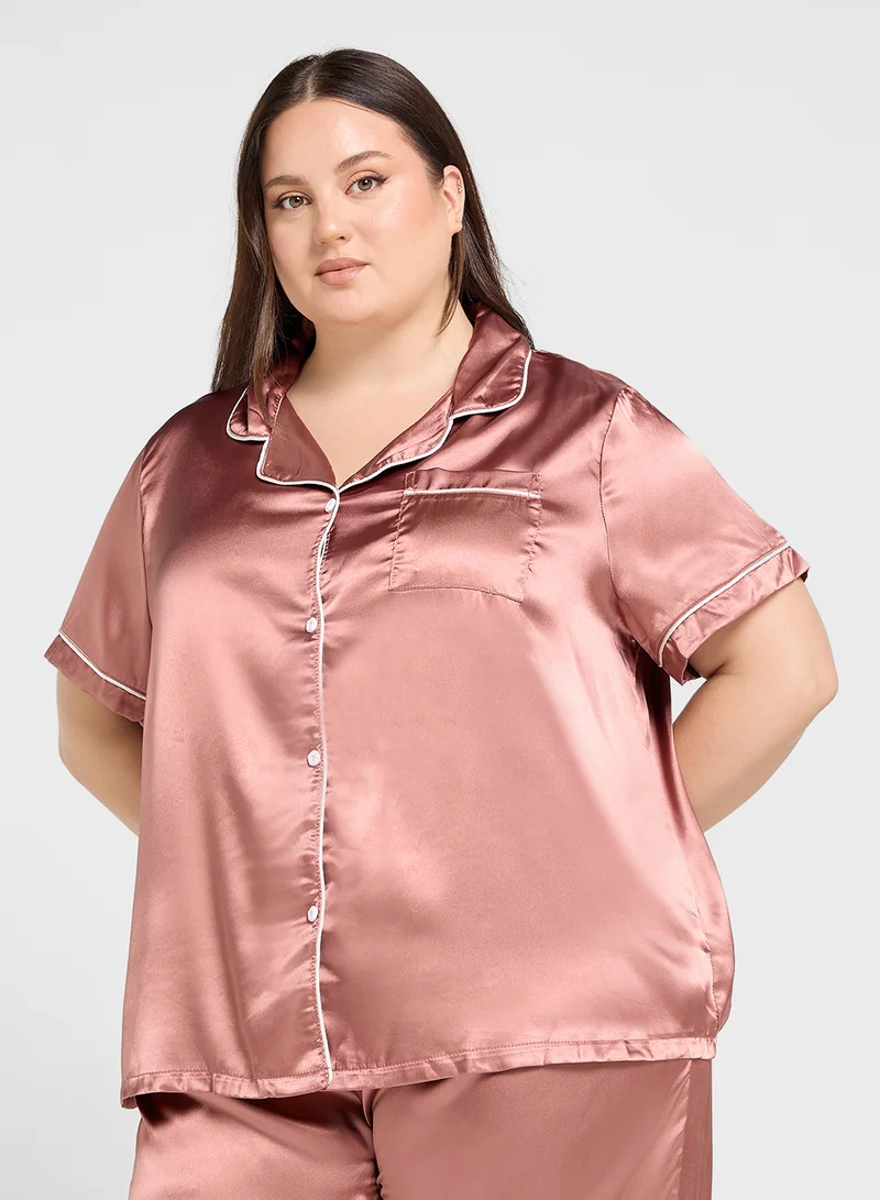 جينجر بلس Satin Shirt & Pyjama Set With Contrast Piping