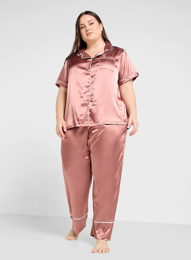 جينجر بلس Satin Shirt & Pyjama Set With Contrast Piping