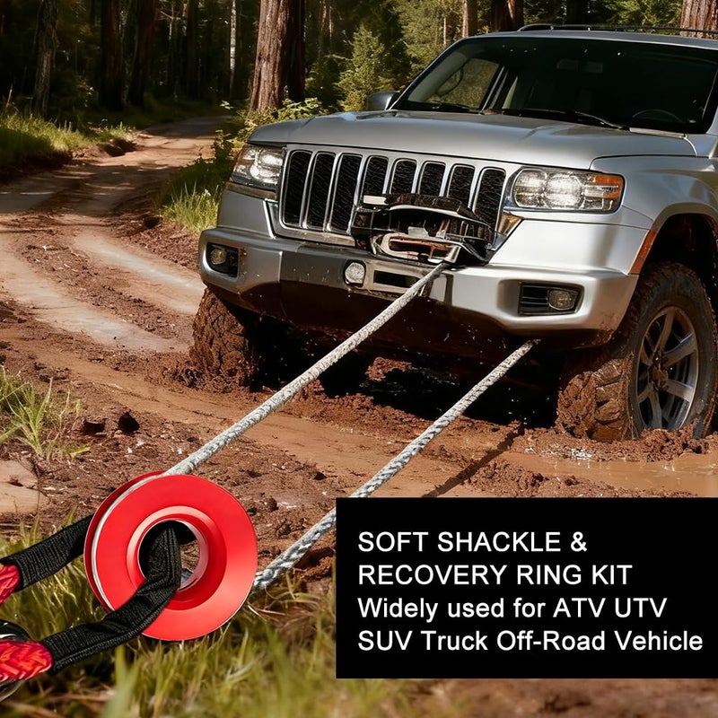 BARTOO Winch Snatch 66000 LB Recovery Ring with 2 PCS Soft Shackle 1/2" X 22 Inch Winch Rope, for ATV UTV SUV Truck Off-Road Vehicle Recovery Accessories, Red - Image 4