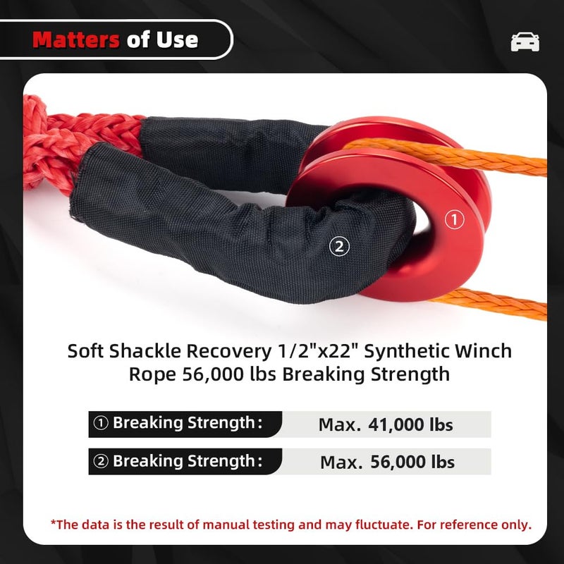 BARTOO Winch Snatch 66000 LB Recovery Ring with 2 PCS Soft Shackle 1/2" X 22 Inch Winch Rope, for ATV UTV SUV Truck Off-Road Vehicle Recovery Accessories, Red - Image 5