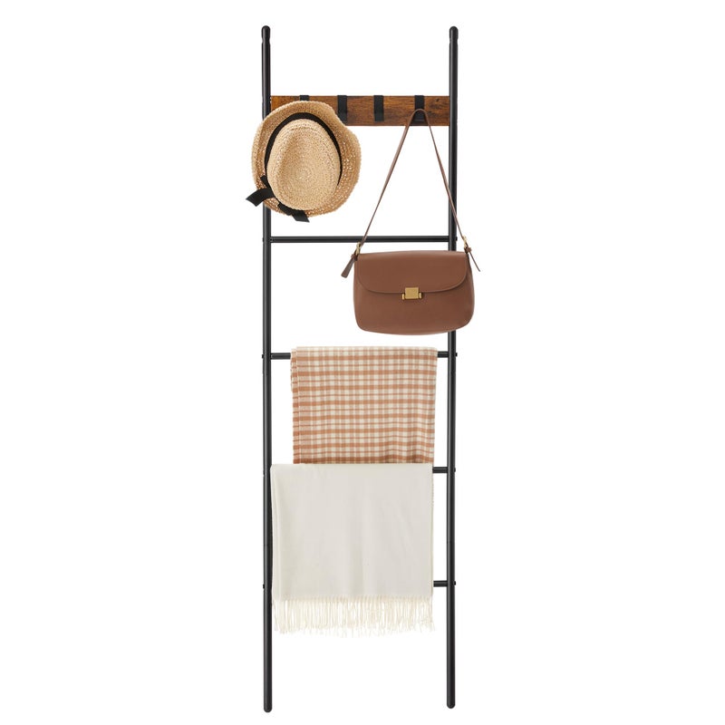 VASAGLE VASAGLE Blanket Ladder 5Tier Ladder Shelf Decorative Ladder with 4 Removable Hooks Metal Frame Industrial Style Rustic Brown and Black ULLS016B01 