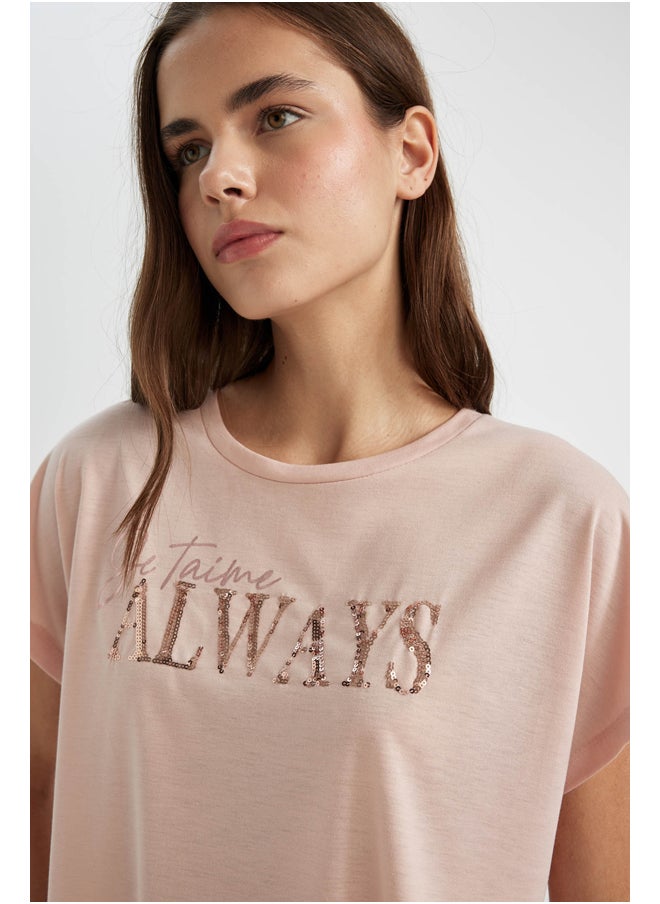 DeFacto - Woman Batwing Crew Neck Knitted Short Sleeve T-Shirt - Image 1